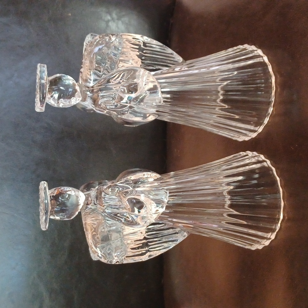 Two vintage glass angel candle holders